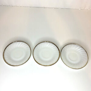 3 Fire King Swirl Saucers White Gold Trim Milk Glass
